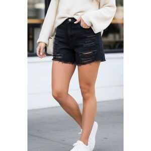 Simple Society Black Distressed Denim Shorts High Rise Frayed Hem 17/33